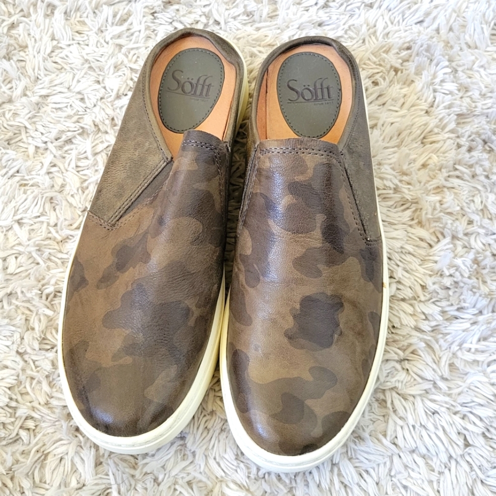 SÖFFT Olive/Army Green Leather Camo Slip-on Mule 8.5 Like NEW